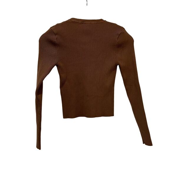 Zara Ribbed Shoulder Pad Long Sleeve Top Brown Capsule Minimalist Size M - Picture 3 of 5